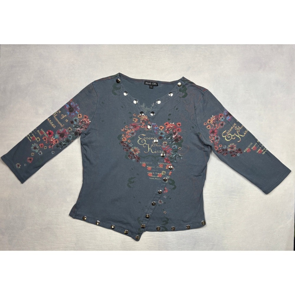 Boho Chic Top L Womens Blue Y2K Studded Graphic Essence of 1000 Kisses